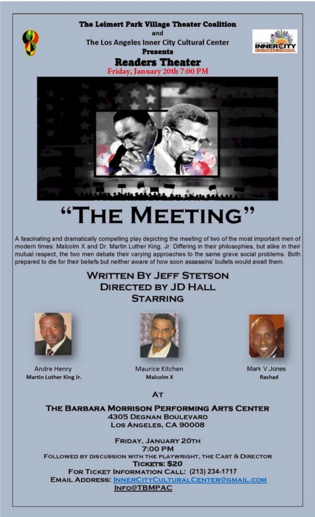 The Meeting" theater poster with event details.